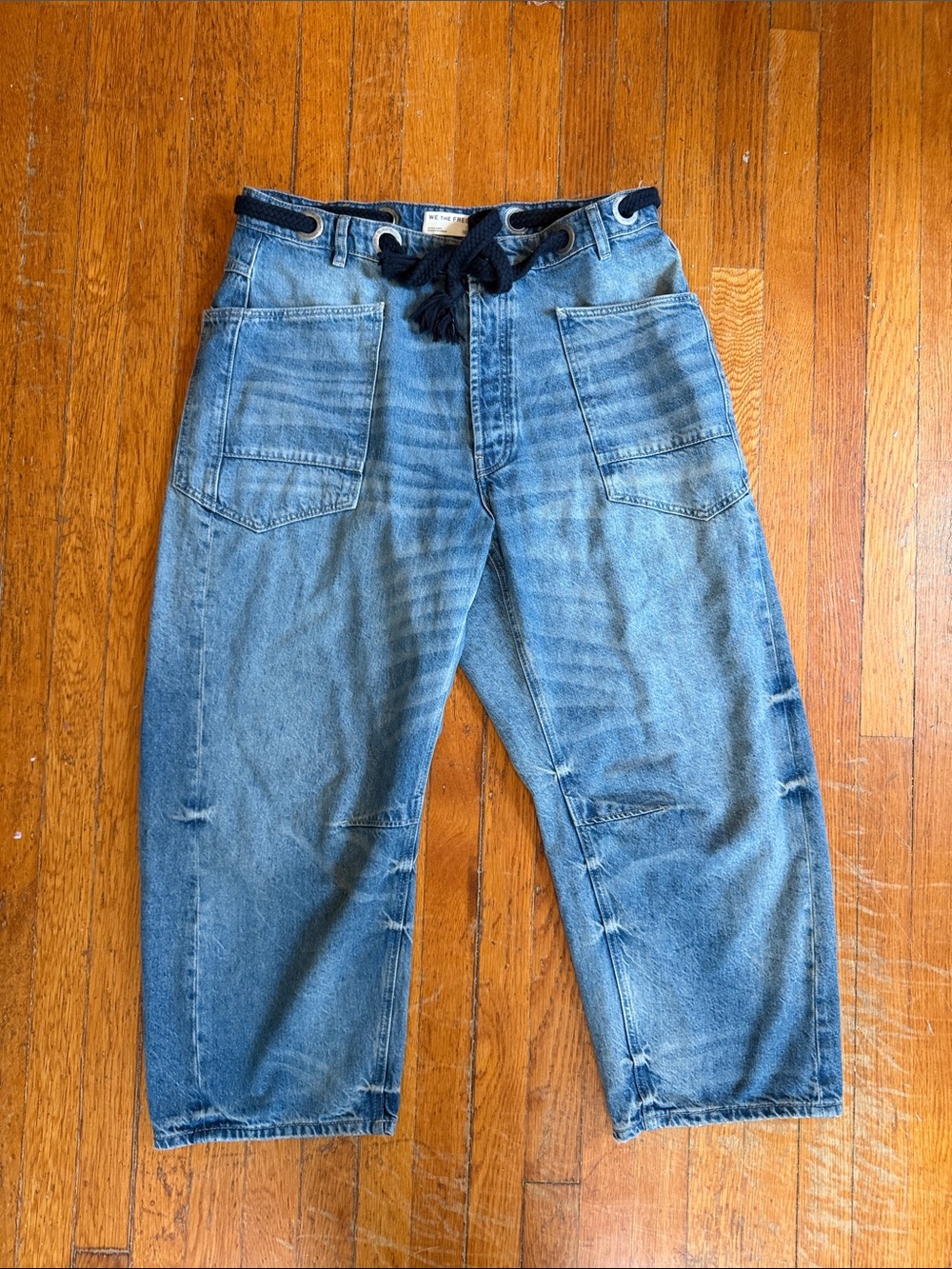 We The Free Blue Wide-Leg Denim Jeans with Braided Drawstring